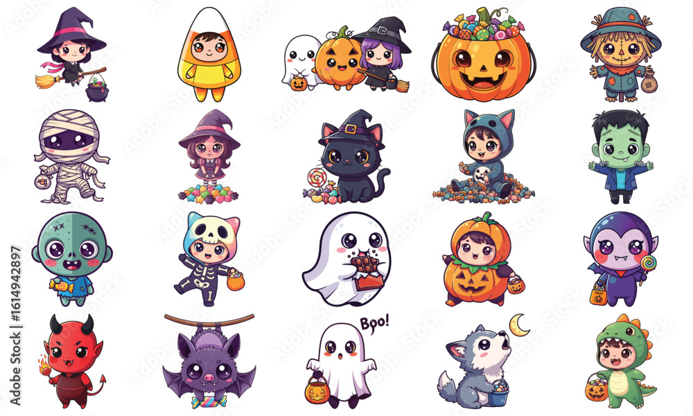 Obraz premium Cute Halloween characters in kawaii style, colorful illustration, festive design