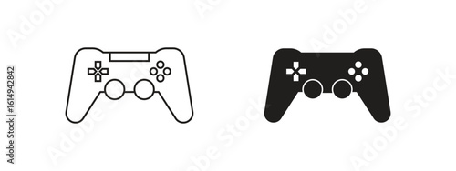 Two game controller icons one outlined and one solid black on a white background showing buttons and joysticks