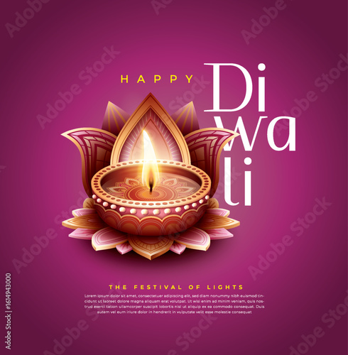 Happy Diwali festival with oil lamp, Rangoli decoration with Diya, Diwali holiday Background with rangoli, Diwali celebration greeting card,vector.