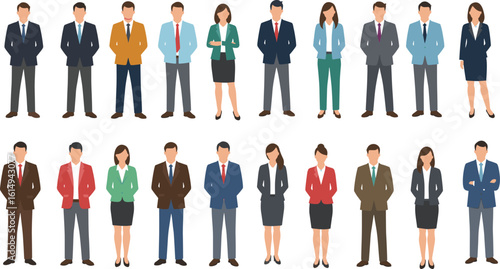 Business people front view, male and female characters, office attire standing poses, flat vector illustration, diverse corporate team, formal dress code concept design