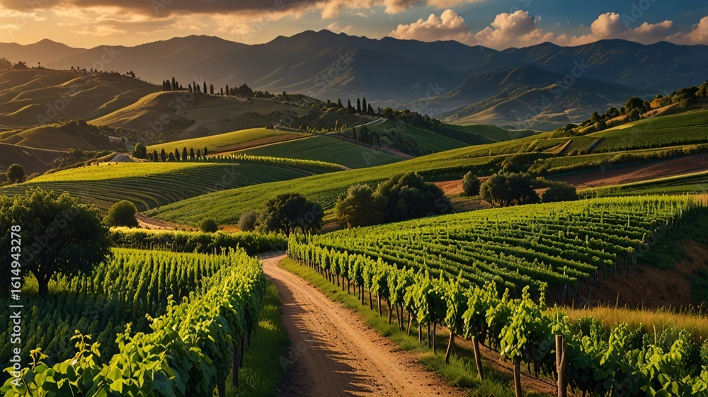 Fototapeta premium Lush Vineyards and Rolling Hills Under a Dramatic Countryside Sky V7