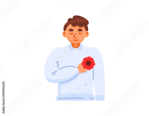 Remembrance Day. Remembering the soldiers and civilians who died in war. Honoring the warriors. Illustration of a man closing his eyes and holding his chest with a poppy flower. Flat style character