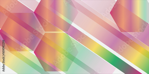 Bright and colorful abstract digital background featuring overlapping diagonal stripes and translucent hexagonal shapes in shades of pink, yellow, green, and purple