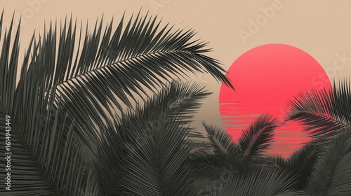 Palm leaves frame a vibrant sunset.