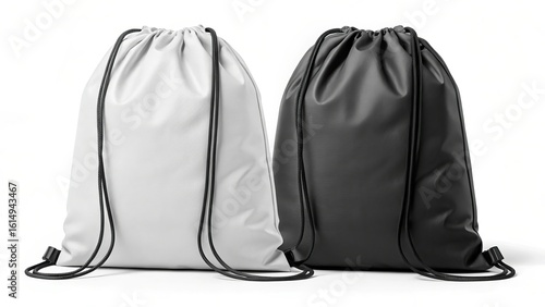 Two drawstring bags one white and one black standing side by side