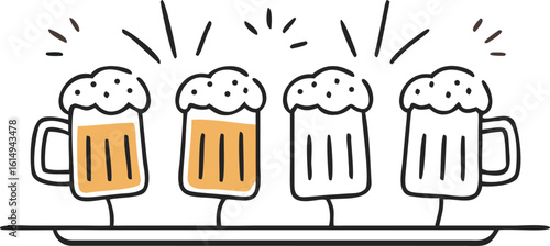 Four beer mugs with frothy tops on a white background drink beverage