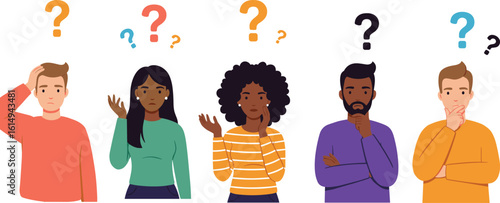Diverse people confused expressions, question mark concept, thinking characters illustration, puzzled faces, uncertainty emotions, decision making, flat vector style, doubt concept, problem solving.