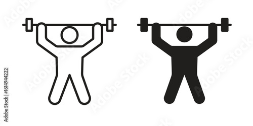 Weightlifter icon set, line and black glyph style for food app website.