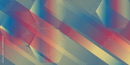 Modern abstract design featuring overlapping diagonal gradient stripes and translucent hexagonal shapes in a muted yet colorful palette of red, blue, yellow, and green