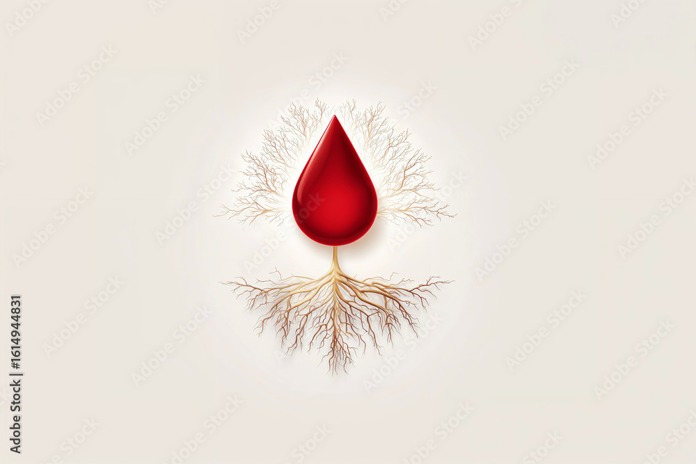 Fototapeta premium Blood drop with root veins symbolizing life, healing, and connection