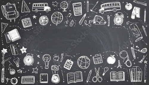 Chalkboard with School Supplies: Backpack, Bus, Globe, Calculator, Clock, Apple, Book, Pencil
