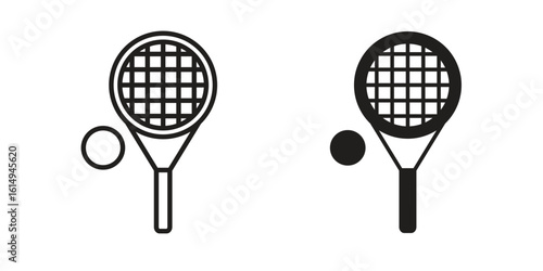 Tennis racket icon set, line and black glyph style for food app website.
