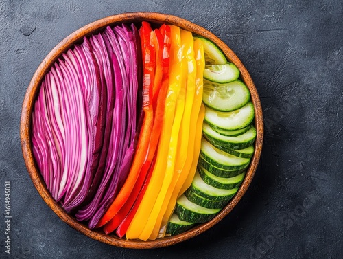 A wooden bowl filled with neatly arranged colorful sliced vegetables including red cabbage, red and yellow bell peppers, and cucumbers on a dark textured surface.