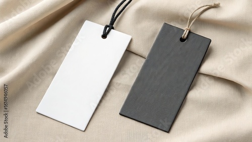 Two blank rectangular paper tags with strings on a textured fabric background