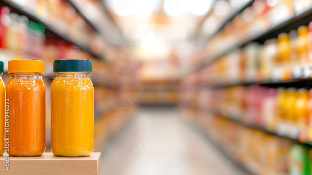 Fototapeta premium Fresh juices in bottles on a supermarket shelf
