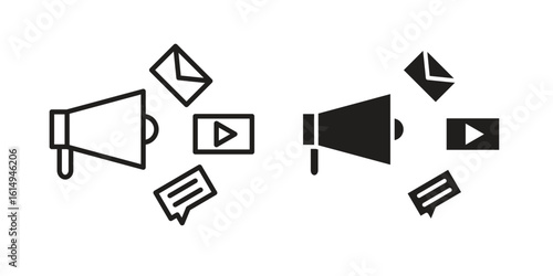 Social campaign icon set, line and black glyph style for food app website.