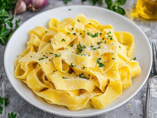 A bowl of creamy fettuccine pasta garnished with grated cheese and chopped parsley on a rustic surface.