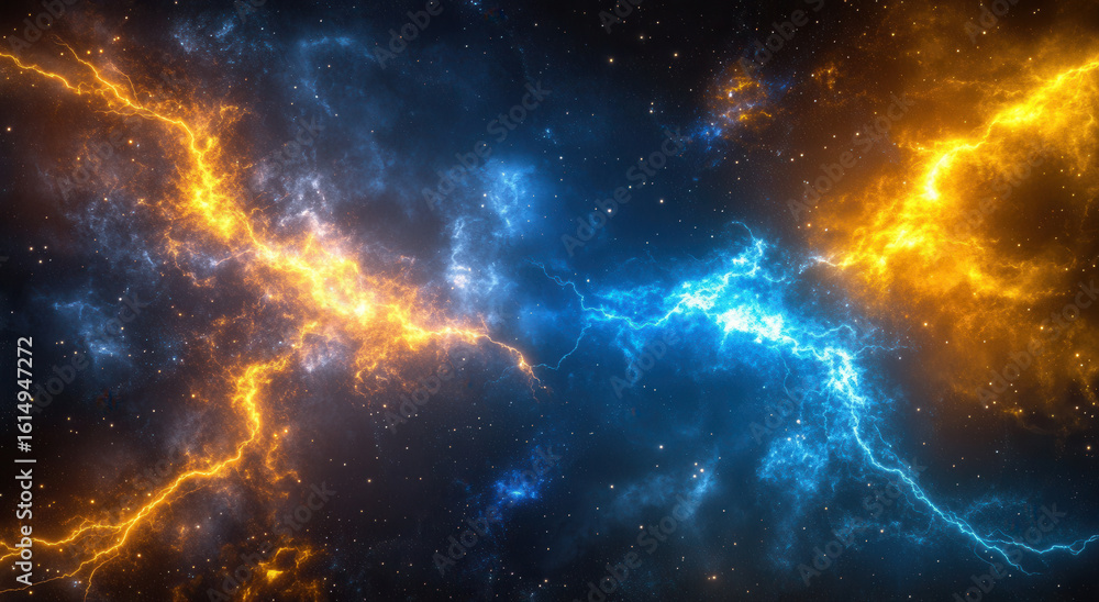 Dramatic cosmic energy clash with vibrant blue and golden lightning in deep space nebula backdrop Dramatic cosmic energy clash with vibrant blue and golden lightning in deep space nebula backdrop