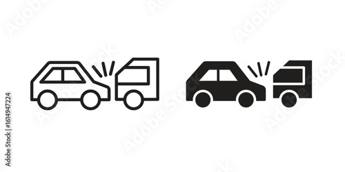 Rear end collision icon set, line and black glyph style for food app website.