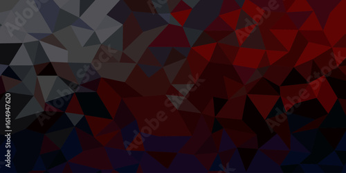 An abstract geometric pattern with a mosaic of triangular shapes in varying shades of red, black, blue, gray, and brown.