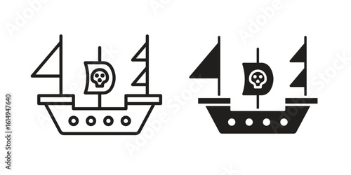 Pirate ship icon set, line and black glyph style for food app website.