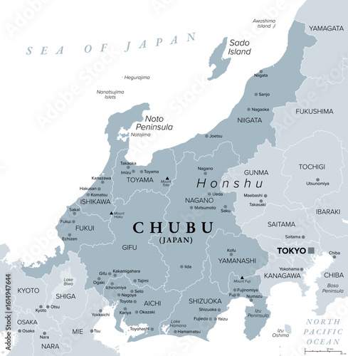 Chubu, region of Japan, gray political map. Also the Central Region or Central Japan, a region in the middle of main island Honshu, encompassing nine prefectures. Map with capitals and largest cities.