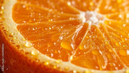Ultra realistic close-up of a peeled orange segment, juicy texture, tiny water drop