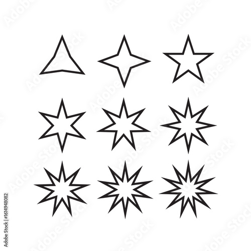 Outline set of minimalist black star shapes from 3 to 11 points, perfect for UI elements, badges, or decorative vector designs.

