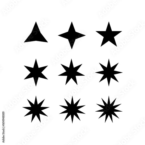 Set of black solid stars increasing in complexity from 3 to 11 points, ideal for icons, ratings, highlights, or festive designs.

