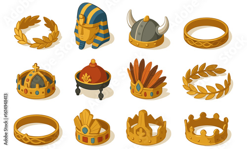 Collection of royal and historical headgear in isometric style