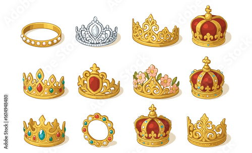Collection of ornate crowns and tiaras with jewels in a cartoon style