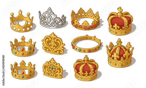 Collection of ornate crowns and tiaras in elegant cartoon style