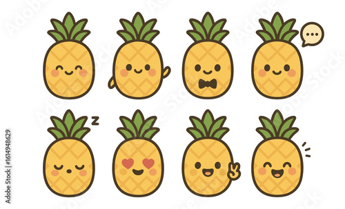 Cute kawaii pineapple characters with various expressions and accessories
