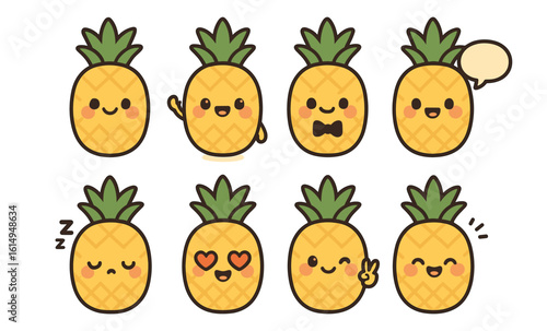 Cute pineapple cartoon characters with various expressions