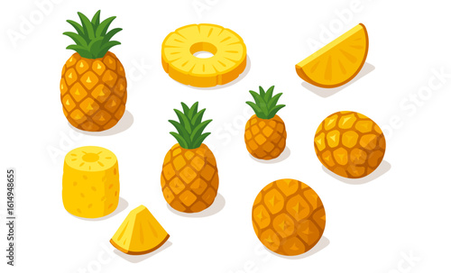 Isometric pineapple collection: whole, sliced, and sections in vibrant style