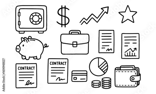 Hand-drawn financial icons with piggy bank, briefcase, and contracts for business themes