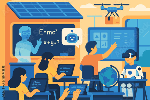 Futuristic classroom with ai, drones, and virtual reality technology in education