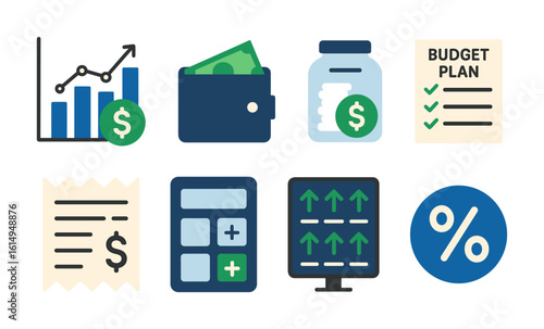Budget management icons: wallet, money, calculator, and graphs on orange background