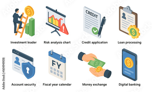 Isometric business icons set: finance, banking, and investment elements