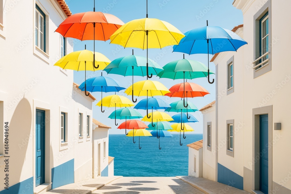 Fototapeta premium Colorful umbrellas floating above coastal street with white buildings and sea in background under clear blue sky on a sunny day. Ai generative