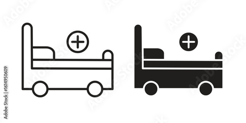 Hospital bed icon set, line and black glyph style for food app website.