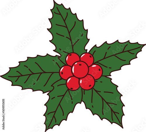 Christmas holly berry leaves groovy decoration. Happy New Year celebration 60s 70s funky element. Christmas festive groovy isolated vector decor. Merry Xmas holiday holly leaves cartoon decoration