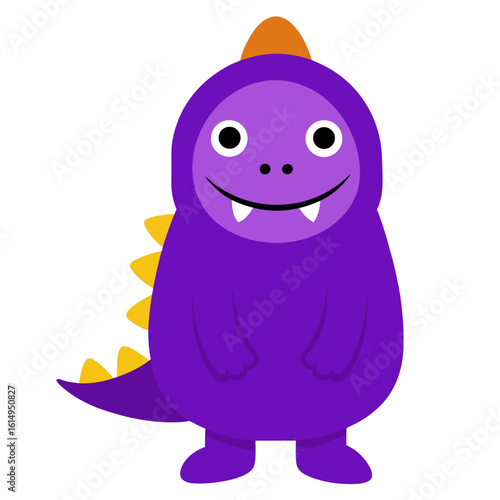 Purple monster in dinosaur costume standing happily vector illustration