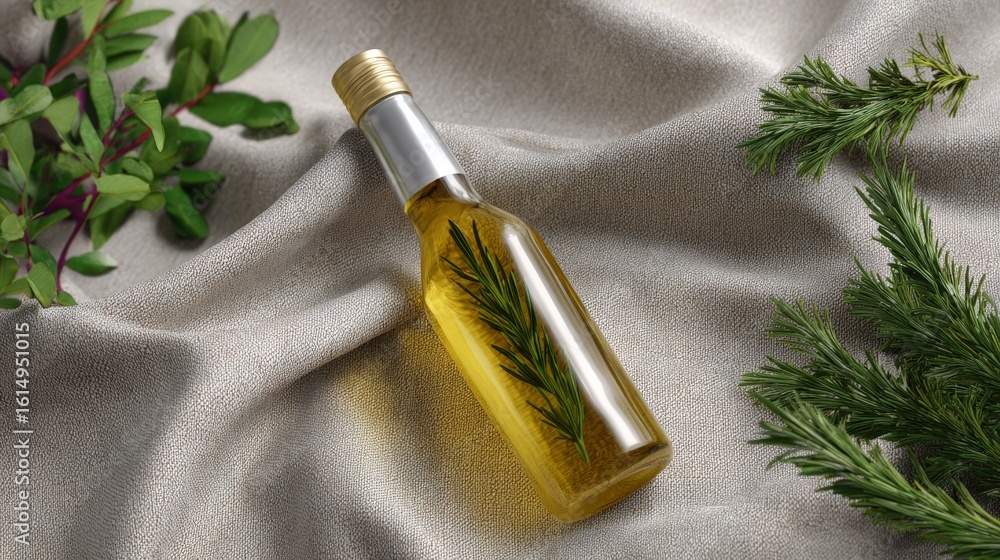 Fototapeta premium Glass bottle of rosemary infused olive oil on textured fabric with fresh herbs