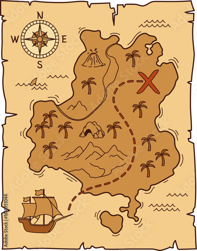 Cartoon groovy pirate and corsair treasures map. Isolated old, antique, medieval paper adventure map. Vector worn fantasy vintage parchment with sea, land, islands, red cross, wind rose and sail ship
