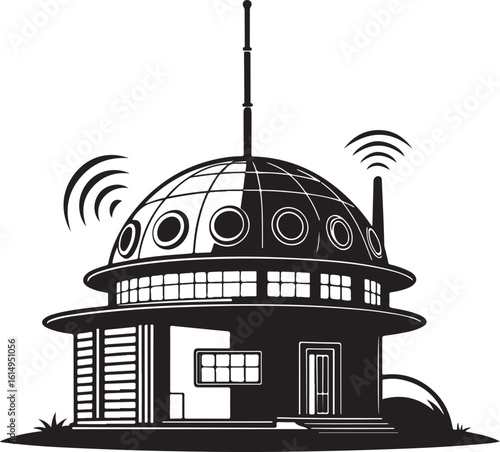 Futuristic dome building with antenna and signal waves vector