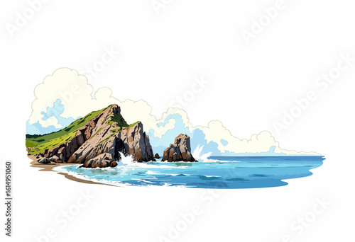 Rocky coastline with waves crashing against cliffs and blue sea  