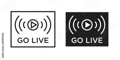 Go live icon set, line and black glyph style for food app website.