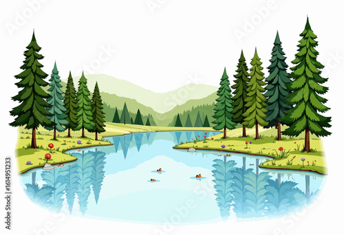 Tranquil lake surrounded by lush green trees in a serene landscape  