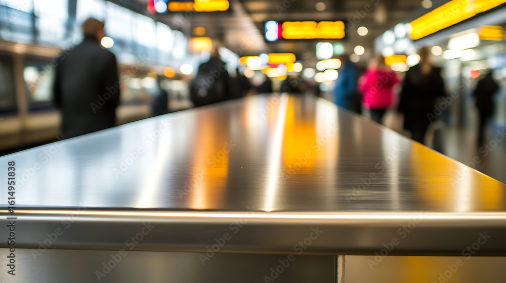 Fototapeta premium Stainless steel counter reflects blurred figures and overhead signs at a busy transit station platform.